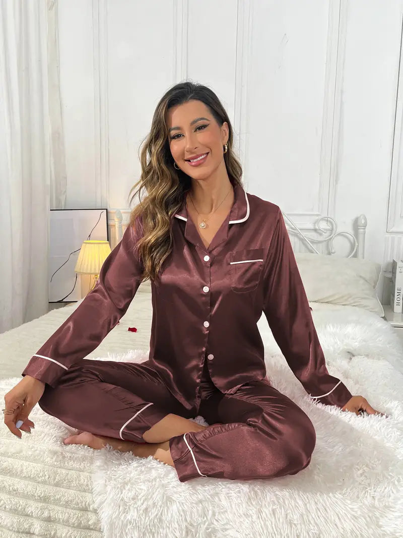 Solid Satin Pajama Set, Comfy Long Sleeve Pocket Button Up Top & Elastic Waistband Pants, Women's Sleepwear & Loungewear