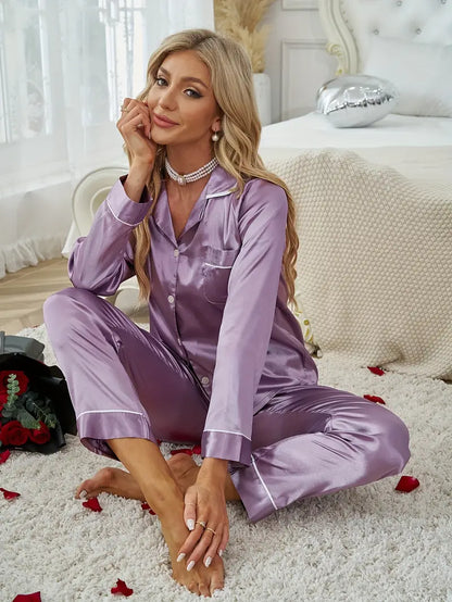 Solid Satin Pajama Set, Comfy Long Sleeve Pocket Button Up Top & Elastic Waistband Pants, Women's Sleepwear & Loungewear