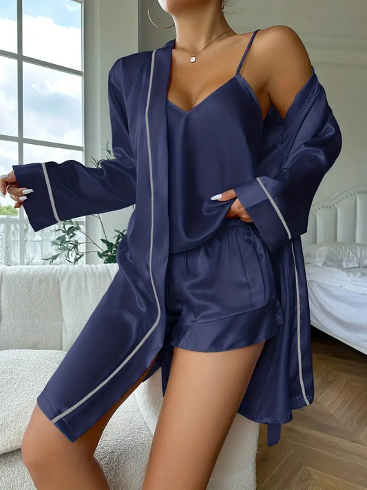 Women's Satin Pajama Set with Long Sleeve Robe, V Neck Cami Top & Shorts, Sleepwear & Loungewear