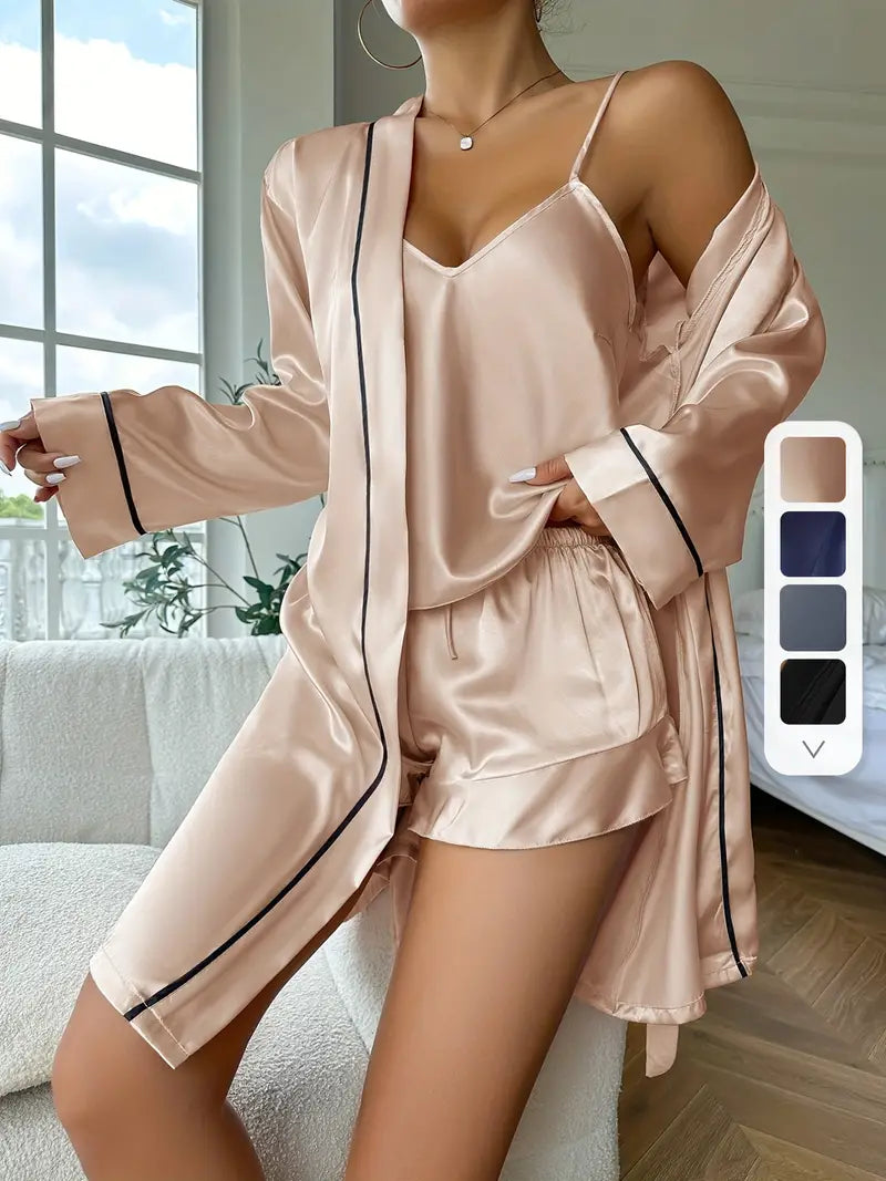 Women's Satin Pajama Set with Long Sleeve Robe, V Neck Cami Top & Shorts, Sleepwear & Loungewear