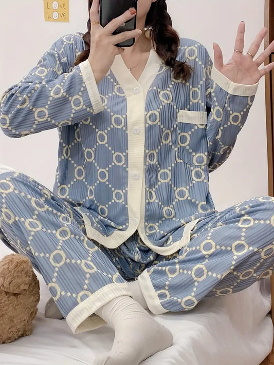 Geometric Pattern Pajama Set, Long Sleeve Buttons Top & Elastic Waistband Pants, Women's Sleepwear & Loungewear